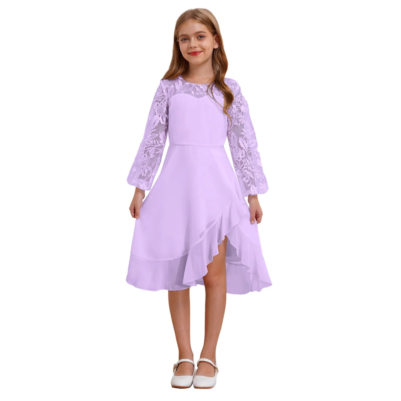 Girls Chiffon Long Sleeve High Waist Mesh Embroidery Dress (Age 8-16 YRS)