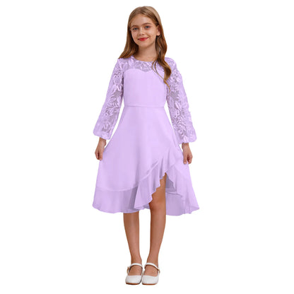 Girls Chiffon Long Sleeve High Waist Mesh Embroidery Dress (Age 8-16 YRS)