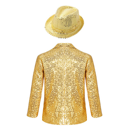 Boys Sequin Dance Tuxedo Jacket Suit & Fedora Hat (Age 6-16 YRS)