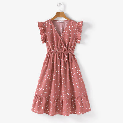 Mother & Daughter Matching Pink Cross Wrap V Neck Dress (Mommy & Me)