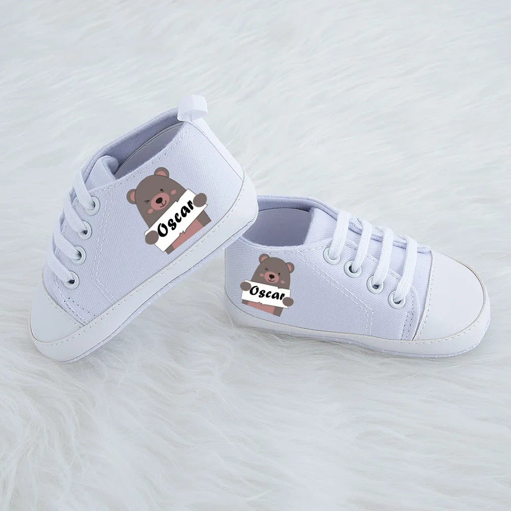 Personalised Bear Baby First Walkers Shoes (Age Newborn - 12M) White