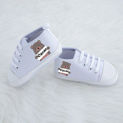 Personalised Bear Baby First Walkers Shoes (Age Newborn - 12M) White
