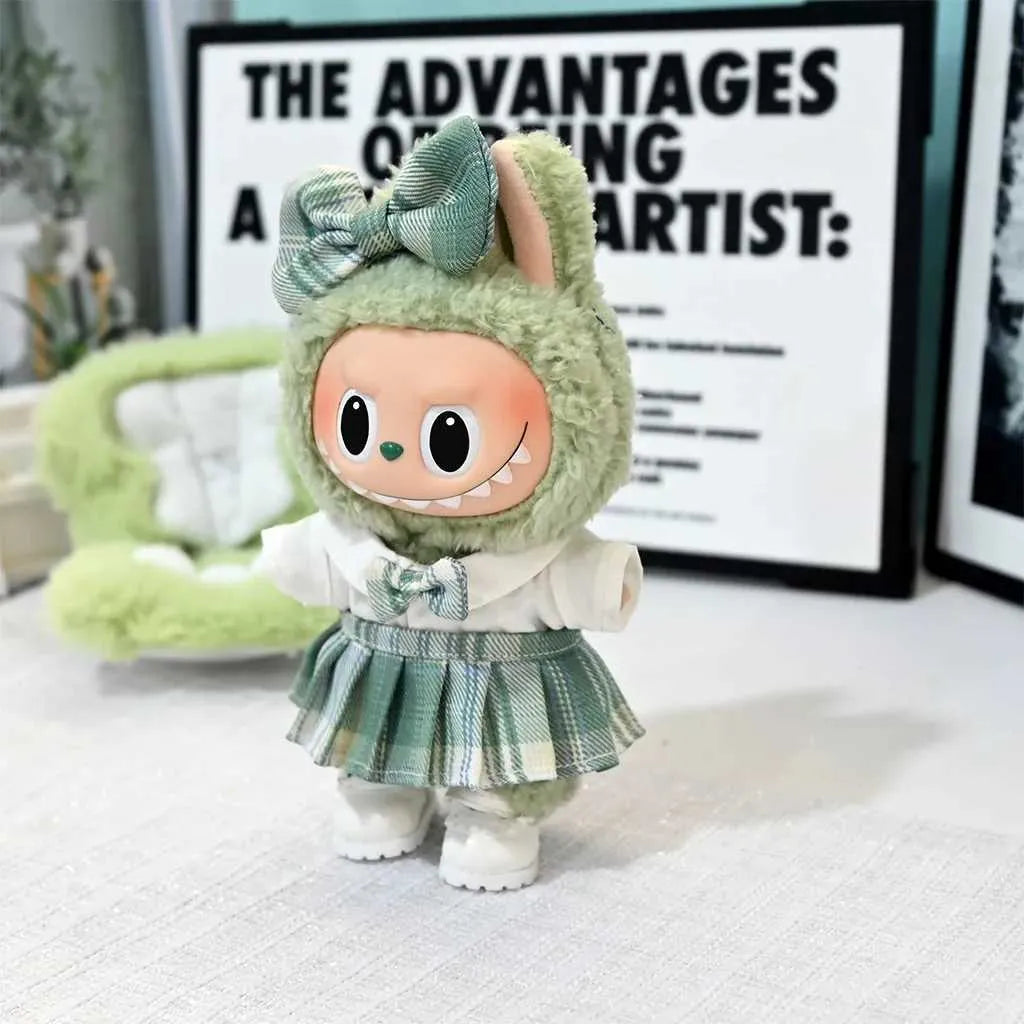 Luxury Clothes Set for 17cm Labubu Doll | Bow Headband & Accessory Outfit Dark Khaki