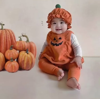 Toddler Girls Halloween Pumpkin Outfit – 3PC Romper, Dress & Headband Set | Ages 6M–3Y