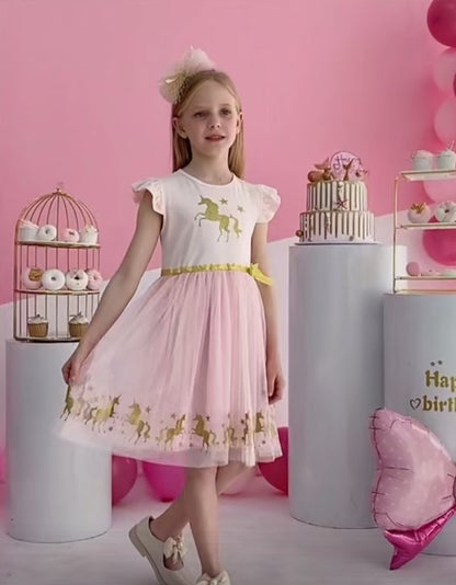 Girls Pink & Gold Unicorn Dress (Age 3-8YRS)