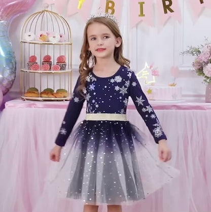 Girls Navy Snowflake Tulle Dress (Age 3-12YRS)