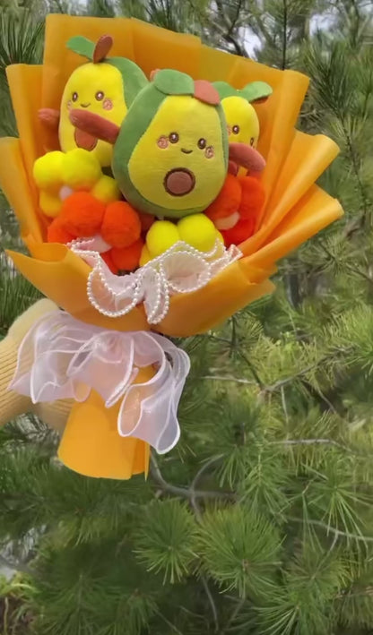 Plush Avocado & Bubble Tea Flower Gift Bouquet – 35cm Stuffed Toy Arrangement | Kawaii Snack Plush