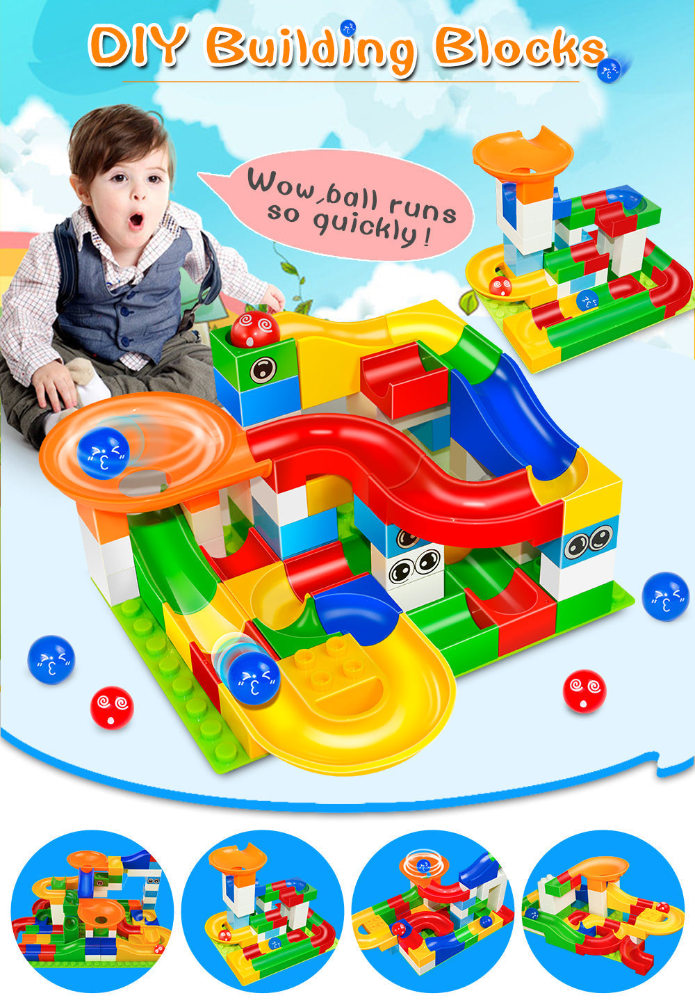 52 Piece Colourful Construction Marble Run Set