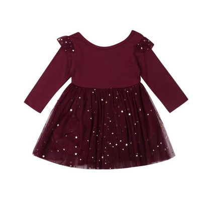 Girl Long Sleeve Sequin Tulle Dress (Age 12M-4YRS) Burgundy