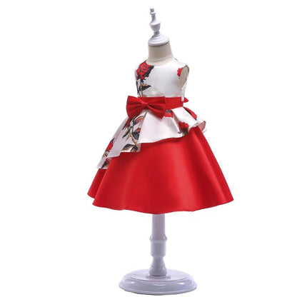 Girls White & Red Asymmetrical Floral Satin Prom Dress (Age 3-9yrs)