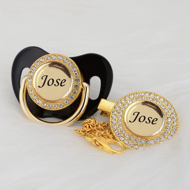 Gold Bling Personalised Pacifier & Dummy Clip Black 0-6M