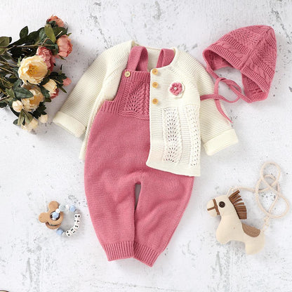 Baby Girls / Boys Knitted Romper Cardigan & Hat Set (Age 3M-18M)