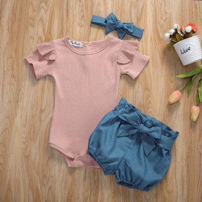 Baby Girls Beige Bodysuit Blue Shorts & Headband (Age 6M-24M) Pink