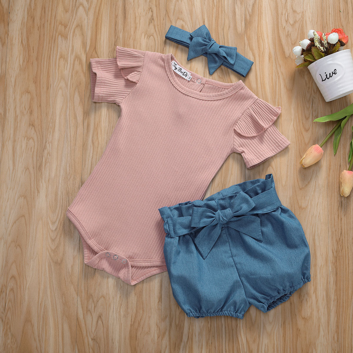 Baby Girls Beige Bodysuit Blue Shorts & Headband (Age 6M-24M)