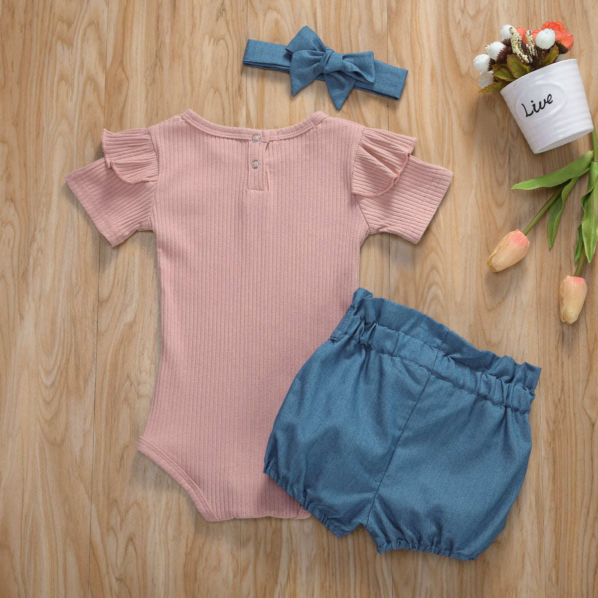 Baby Girls Beige Bodysuit Blue Shorts & Headband (Age 6M-24M)