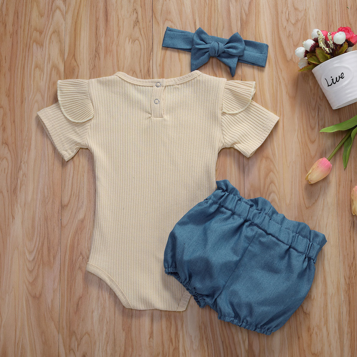 Baby Girls Beige Bodysuit Blue Shorts & Headband (Age 6M-24M)