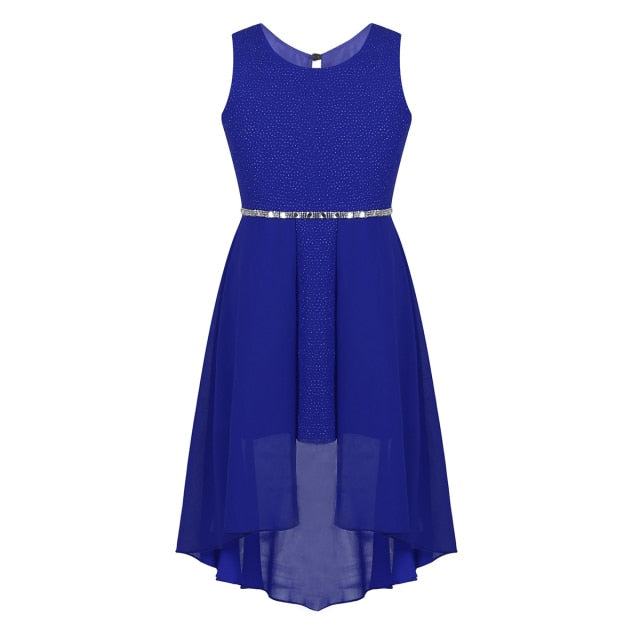 Girls Dipped Hem & Rhinestone Embellished Dress (Age 6-14yrs) Blue