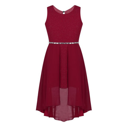 Girls Dipped Hem & Rhinestone Embellished Dress (Age 6-14yrs) Burgundy