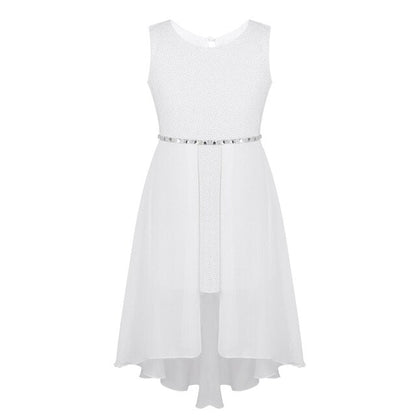 Girls Dipped Hem & Rhinestone Embellished Dress (Age 6-14yrs) White