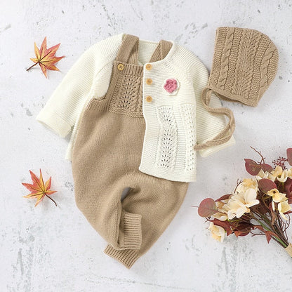 Baby Girls / Boys Knitted Romper Cardigan & Hat Set (Age 3M-18M) Brown-White