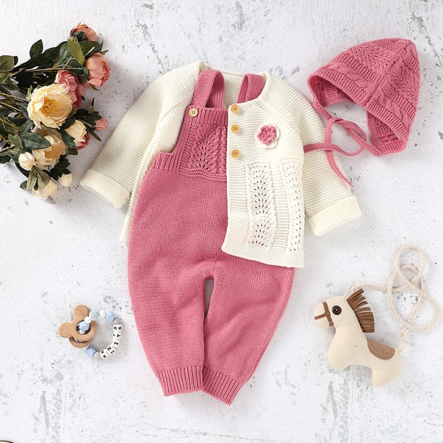 Baby Girls / Boys Knitted Romper Cardigan & Hat Set (Age 3M-18M) Pink-White