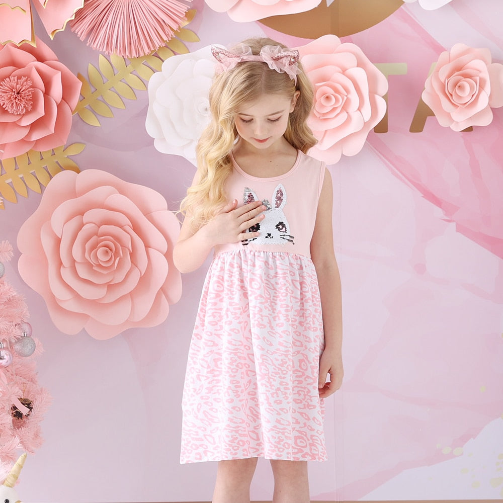Girls Pink Rabbit Leopard Print Dress (Age 3Y-8Y)