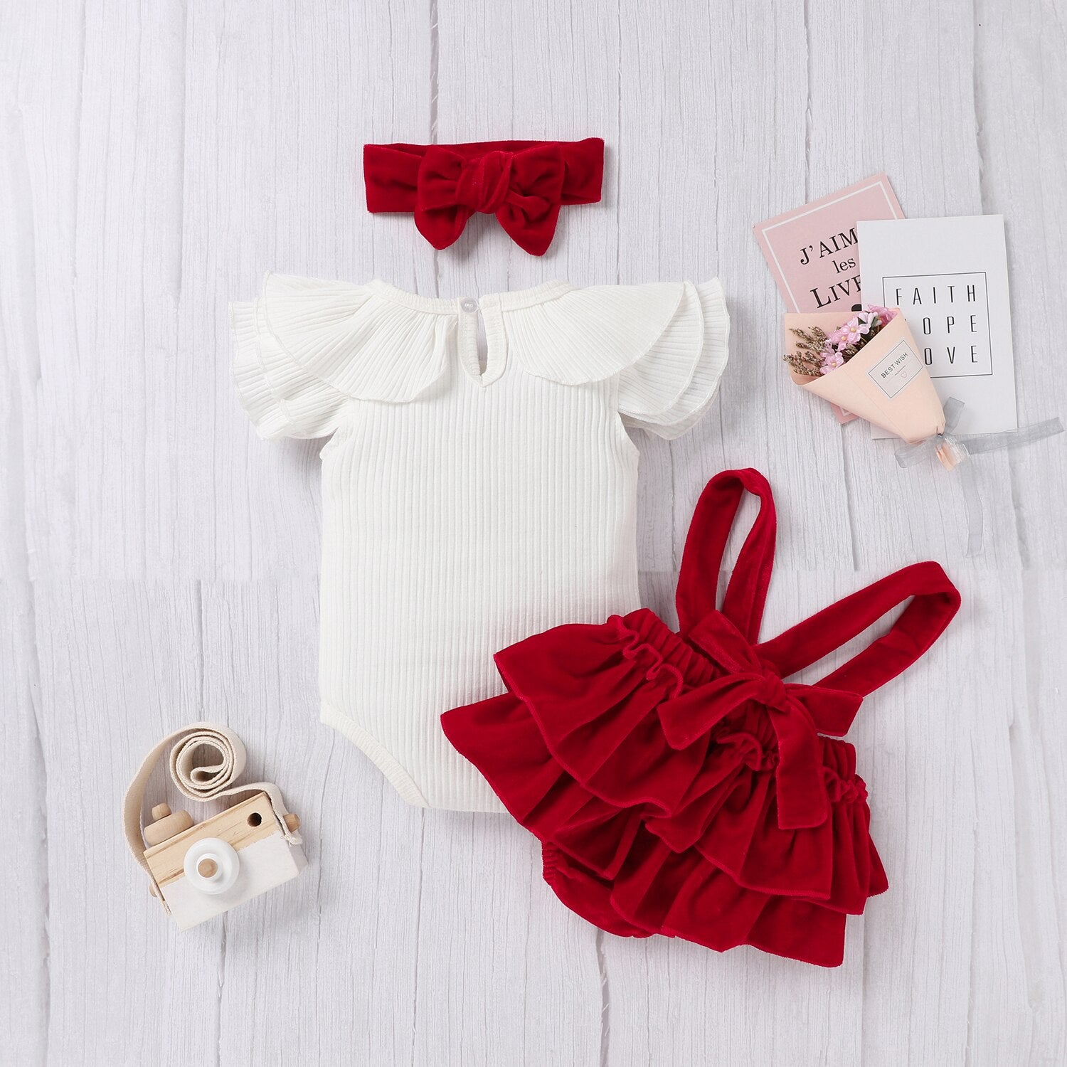 Baby Girls Red White Bodysuit Pinafore Dress Headband Set (Age 6m-24m)