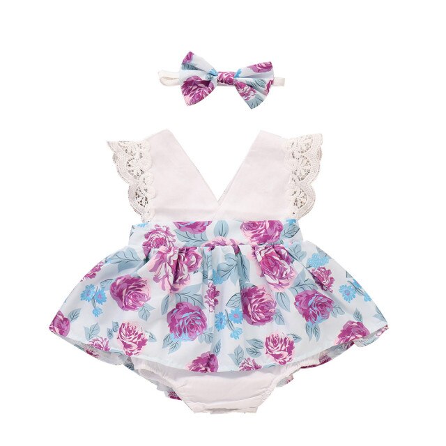 Baby Floral Print Romper & Headband (Age Newborn - 12M HPL41 Purple
