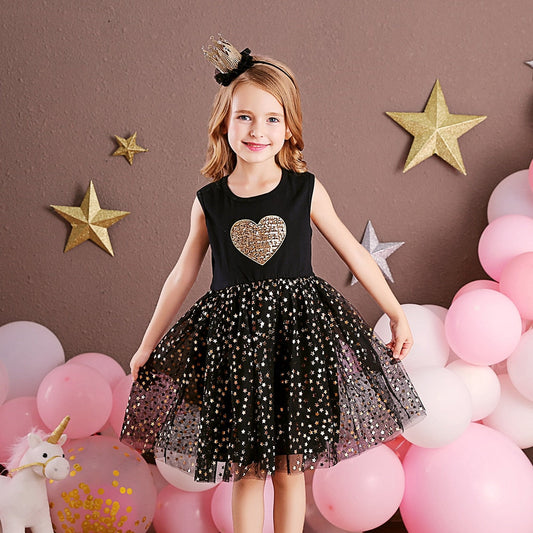 Girls Gold Sequin Heart Tulle Dress (Age 3Y-8Y) Black
