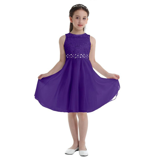 Girls Lace Embroidered Rhinestone Belt Tulle Dress (Age 24M-14YRS)