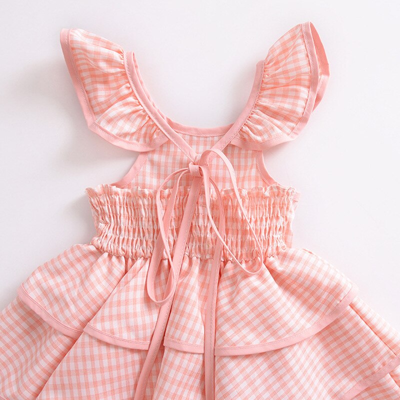 Girls Pink Checked Ruffle Summer Dress – Puff Sleeve Picnic Style | Ages 12M–5YRS