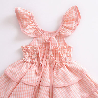 Girls Pink Checked Ruffle Summer Dress – Puff Sleeve Picnic Style | Ages 12M–5YRS