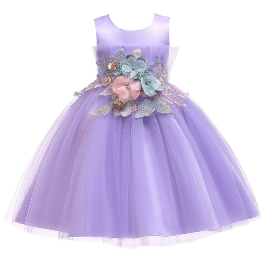 Girls Floral Appliqué Tulle Dress (Age 4-12YRS) Purple