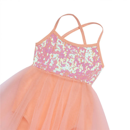 Girls Sequin Tulle Asymmetrical Leotard Dress (Age 5-14YRS)