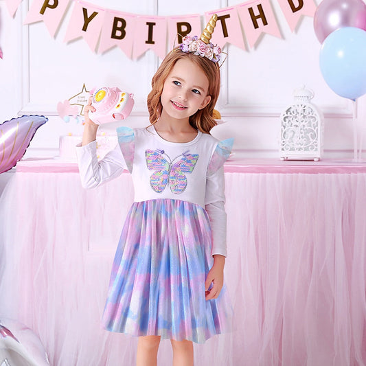 Girls Blue & Purple Long Sleeve Butterfly Tulle Dress (Age 3-8YRS) Blue