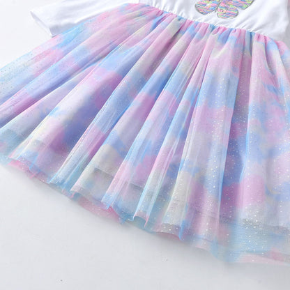 Girls Blue & Purple Long Sleeve Butterfly Tulle Dress (Age 3-8YRS)