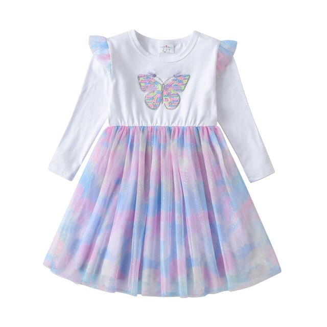 Girls Blue & Purple Long Sleeve Butterfly Tulle Dress (Age 3-8YRS)