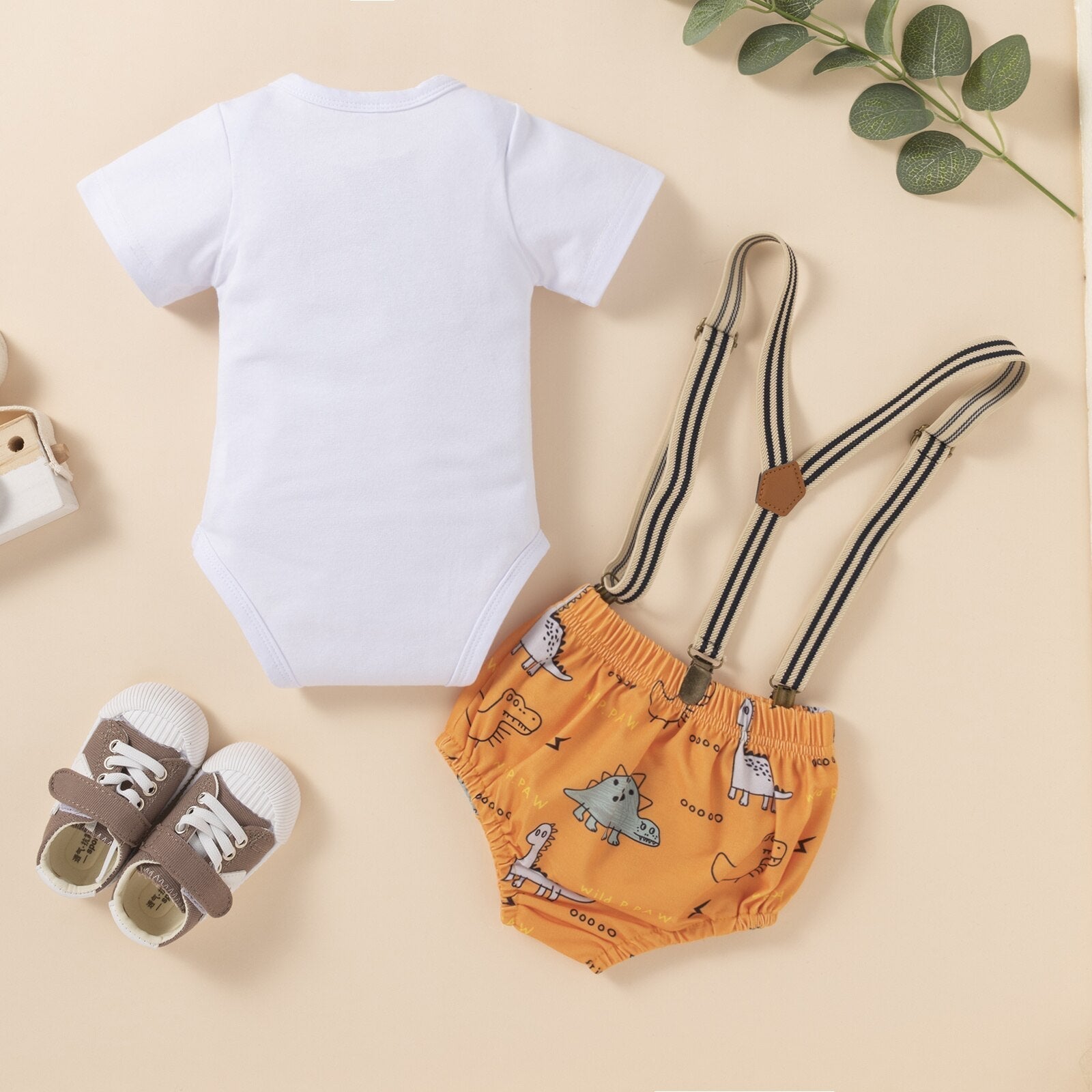 Baby Boys Bodysuit & Dinosaur Shorts With Braces Set (Age 9M-12M)