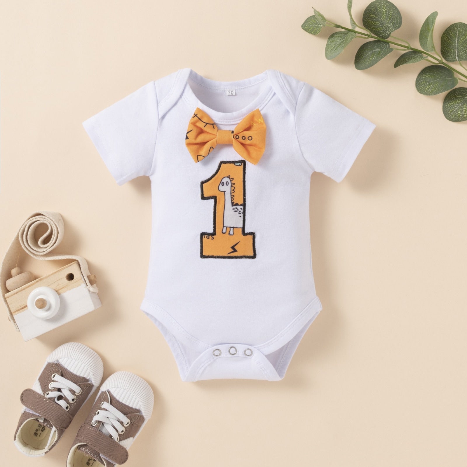 Baby Boys Bodysuit & Dinosaur Shorts With Braces Set (Age 9M-12M)