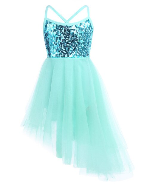 Girls Sequin Tulle Asymmetrical Leotard Dress (Age 5-14YRS) Green