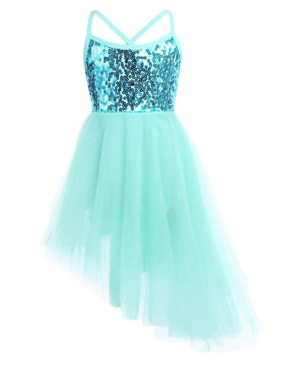 Girls Sequin Tulle Asymmetrical Leotard Dress (Age 5-14YRS) Green