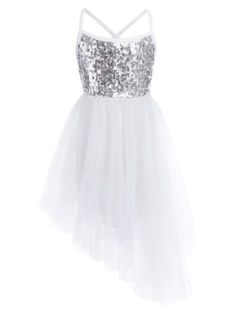 Girls Sequin Tulle Asymmetrical Leotard Dress (Age 5-14YRS) White