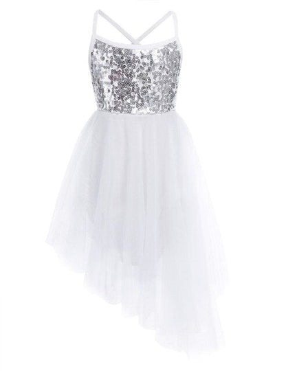 Girls Sequin Tulle Asymmetrical Leotard Dress (Age 5-14YRS) White