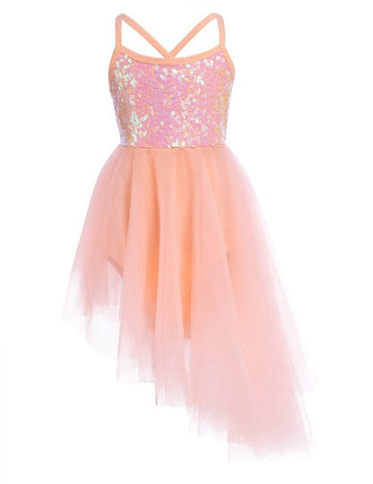 Girls Sequin Tulle Asymmetrical Leotard Dress (Age 5-14YRS) Orange