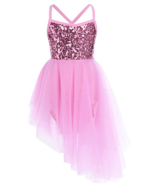 Girls Sequin Tulle Asymmetrical Leotard Dress (Age 5-14YRS) Pink