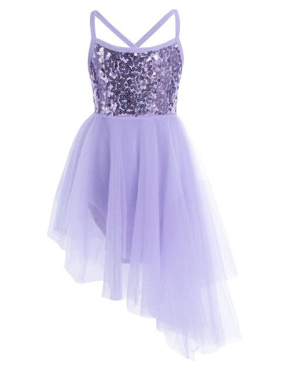 Girls Sequin Tulle Asymmetrical Leotard Dress (Age 5-14YRS) Purple